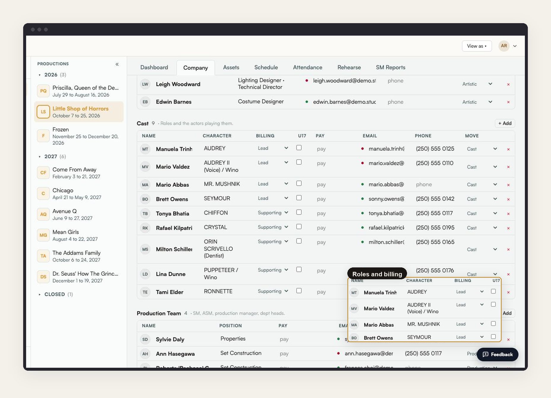 The company table with roles and billing