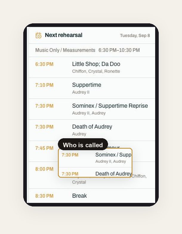 A cast member's call sheet on a phone