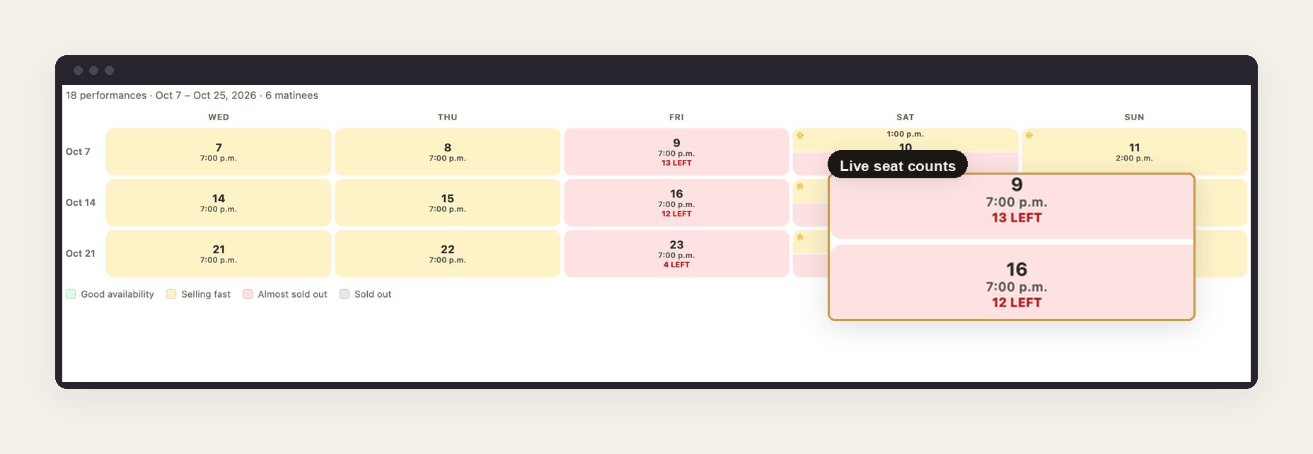 Performance picker with live seat counts